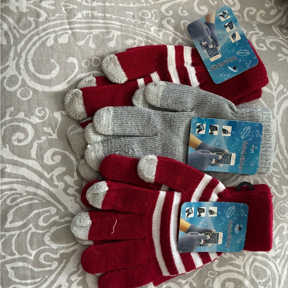 Touchscreen-Compatible Red Stripe and Solid Grey Gloves. Set of 3 pair.